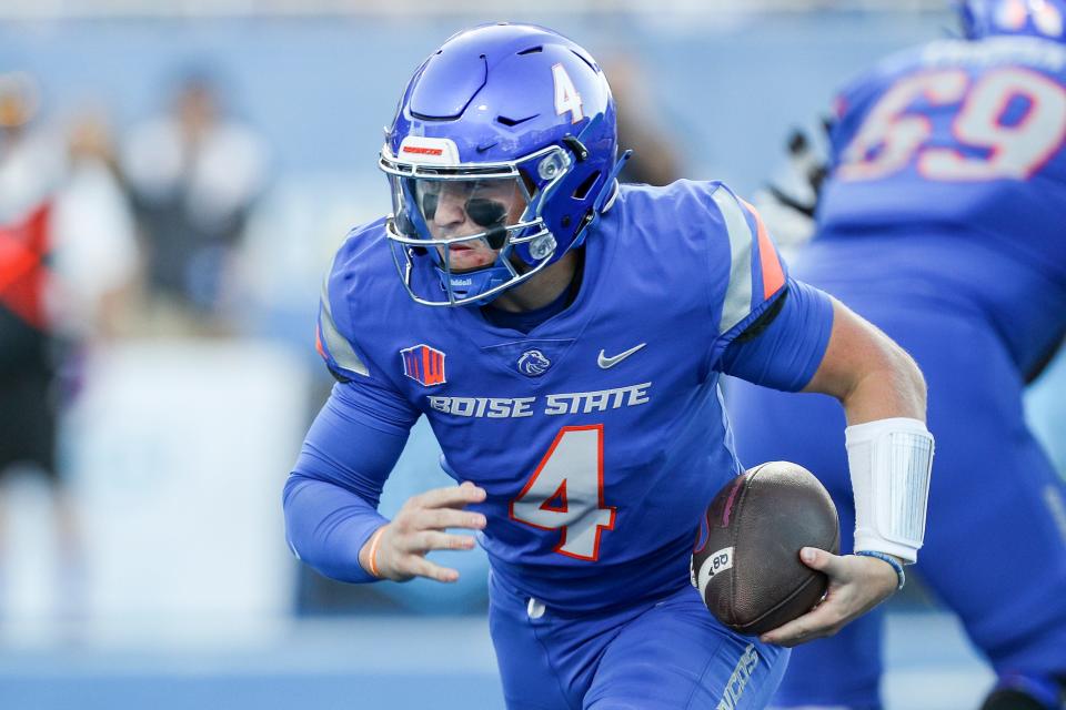 Sep 9, 2023; Boise, Idaho, USA; Boise State Broncos quarterback Maddux Madsen (4) during the second half of action versus the UCF Knights at Albertsons Stadium. UCF defeats Boise State 18-16. Mandatory Credit: Brian Losness-USA TODAY Sports