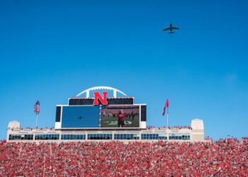 Aug 31, 2024; Lincoln, Nebraska, USA; A KC-135 Stratotanker flies over during the national anthem before a game between the Nebraska Cornhuskers and the UTEP Miners at Memorial Stadium. Mandatory Credit: Dylan Widger-USA TODAY Sports ORG XMIT: IMAGN-882801 ORIG FILE ID: 20240831_gma_oz8_0376.jpg