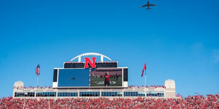 Aug 31, 2024; Lincoln, Nebraska, USA; A KC-135 Stratotanker flies over during the national anthem before a game between the Nebraska Cornhuskers and the UTEP Miners at Memorial Stadium. Mandatory Credit: Dylan Widger-USA TODAY Sports ORG XMIT: IMAGN-882801 ORIG FILE ID: 20240831_gma_oz8_0376.jpg