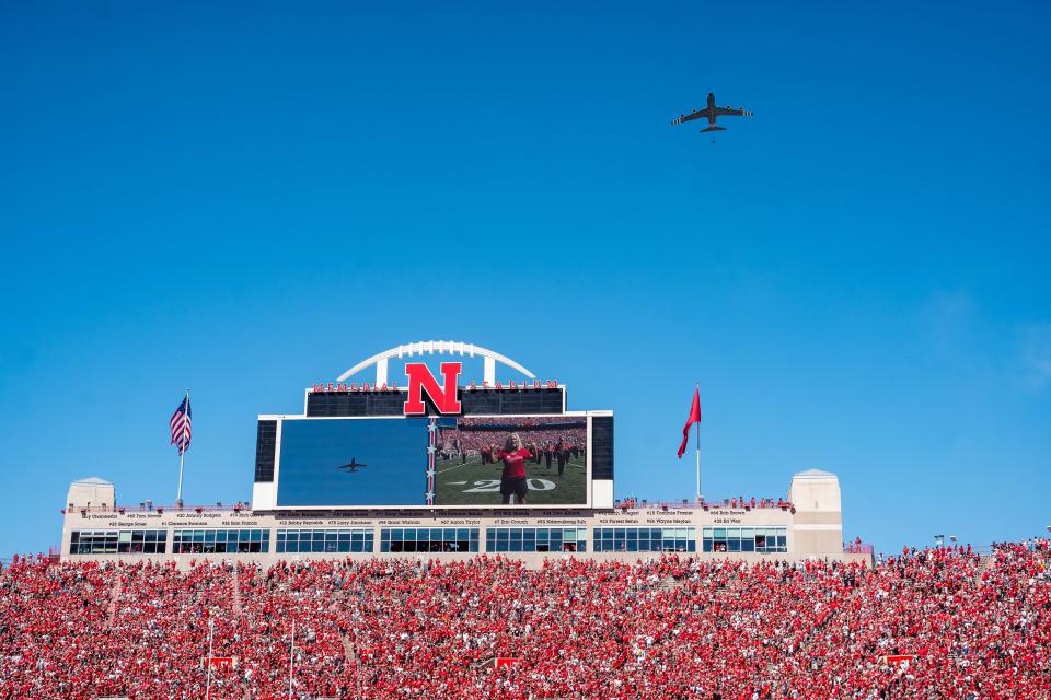 Aug 31, 2024; Lincoln, Nebraska, USA; A KC-135 Stratotanker flies over during the national anthem before a game between the Nebraska Cornhuskers and the UTEP Miners at Memorial Stadium. Mandatory Credit: Dylan Widger-USA TODAY Sports ORG XMIT: IMAGN-882801 ORIG FILE ID: 20240831_gma_oz8_0376.jpg