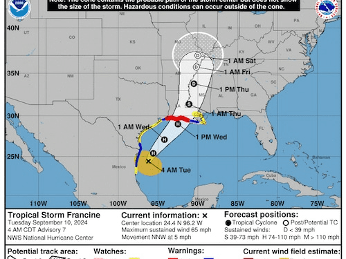 National Hurricane Center (NHC) Advisory 7 update on Tropical Storm Francine