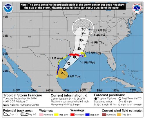 National Hurricane Center (NHC) Advisory 7 update on Tropical Storm Francine