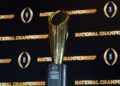 Jan 10, 2023; Los Angeles, CA, USA; The College Football Playoff National Championship trophy at CFP Champions press conference at Los Angeles Airport Marriott. Mandatory Credit: Kirby Lee-USA TODAY Sports