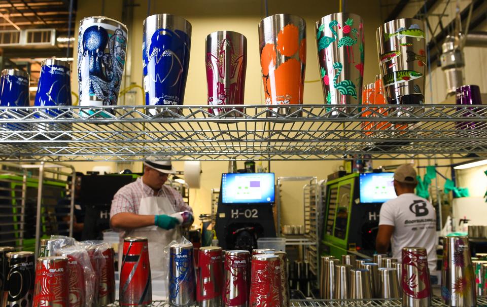 A variety of stainless steel tumblers are manufactured at Tervis in Venice.