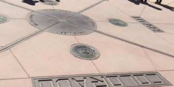 The Four Corners Monument, showing the borders of Colorado, Utah, Arizona, and New Mexico meeting.