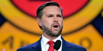 Republican vice presidential nominee Sen. JD Vance, R-Ohio, speaks at the International Association of Fire Fighters Convention Thursday, Aug. 29, 2024, in Boston. (AP Photo/Josh Reynolds)(AP)