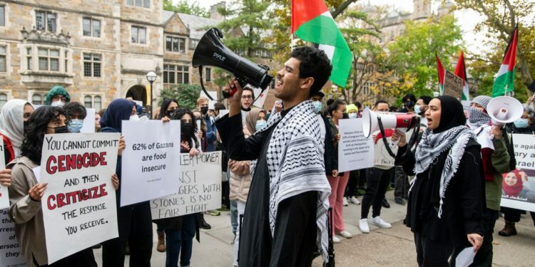 Protestors decked with signs, megaphones, Palestinian flags and keffiyehs demonstrate at the University of Michigan.