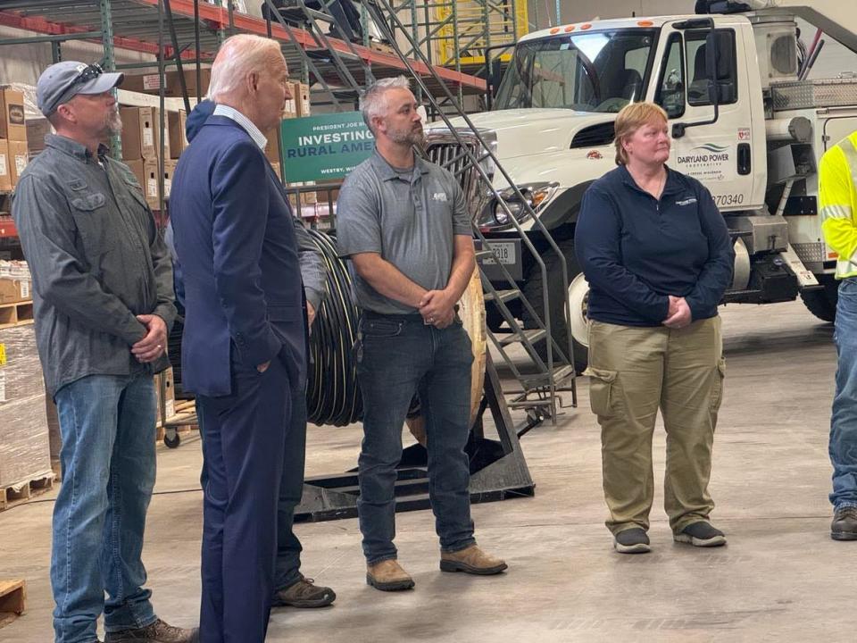 President Joe Biden speaks with employees as he tours the Vernon Electric Cooperative in Westby, Wisconsin, on September 5, 2024.