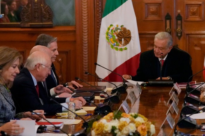 Mexican President Andrés Manuel López Obrador, right, meets US secretary of state Antony Blinken, top left, in Mexico City in December last year