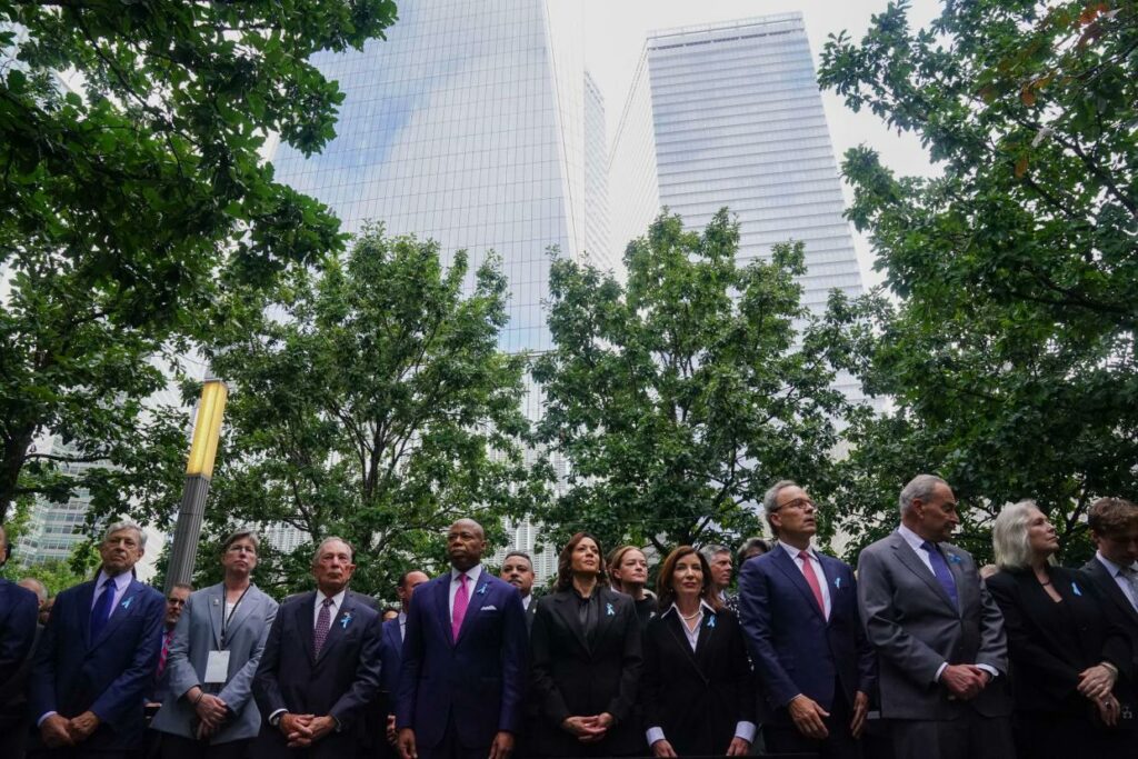 (L-R) Former New York City Mayor Michael Bloomberg, New York City Mayor Eric Adams, US Vice President Kamala Harris, New York Governor Kathy Hochul, Senate Majority Leader Chuck Schumer (D-NY), and US Senator Kirsten Gillibrand (D-NY) attend a remembrance ceremony on the 22nd anniversary of the terror attack on the World Trade Center, in New York City on September 11, 2023.