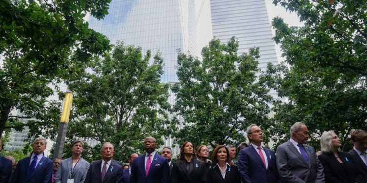 (L-R) Former New York City Mayor Michael Bloomberg, New York City Mayor Eric Adams, US Vice President Kamala Harris, New York Governor Kathy Hochul, Senate Majority Leader Chuck Schumer (D-NY), and US Senator Kirsten Gillibrand (D-NY) attend a remembrance ceremony on the 22nd anniversary of the terror attack on the World Trade Center, in New York City on September 11, 2023.