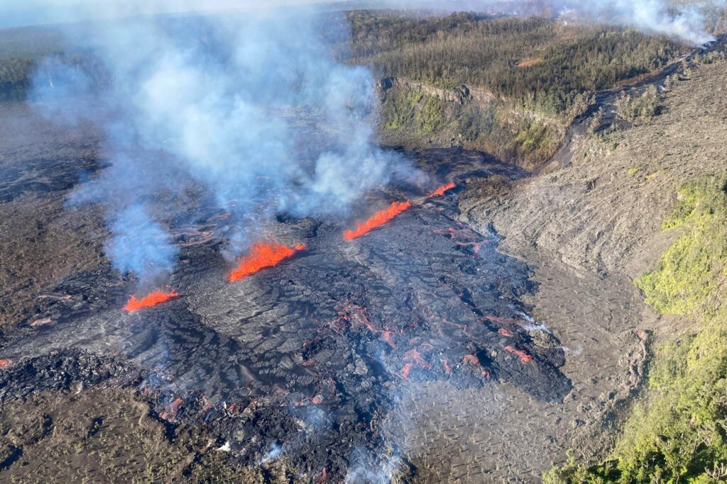 Kilauea volcano erupting in remote area of Hawaii Volcanoes National Park