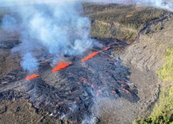 Kilauea volcano erupting in remote area of Hawaii Volcanoes National Park