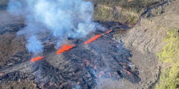 Kilauea volcano erupting in remote area of Hawaii Volcanoes National Park