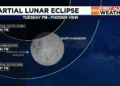 Best view of the partial eclipse will start around 7:30 and peak at 7:44 PM.