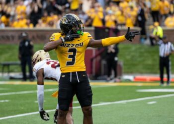 Missouri football wide receiver Luther Burden III (3) celebrates during second half of the Tigers' game against Boston College on Sept. 14, 2024, in Columbia, Mo.