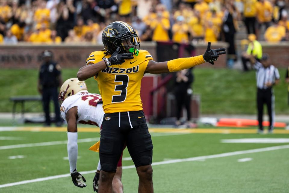 Missouri football wide receiver Luther Burden III (3) celebrates during second half of the Tigers' game against Boston College on Sept. 14, 2024, in Columbia, Mo.