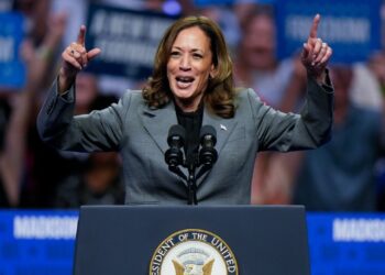 Vice President Kamala Harris speaks at a campaign event in Madison, Wisconsin, on Friday.