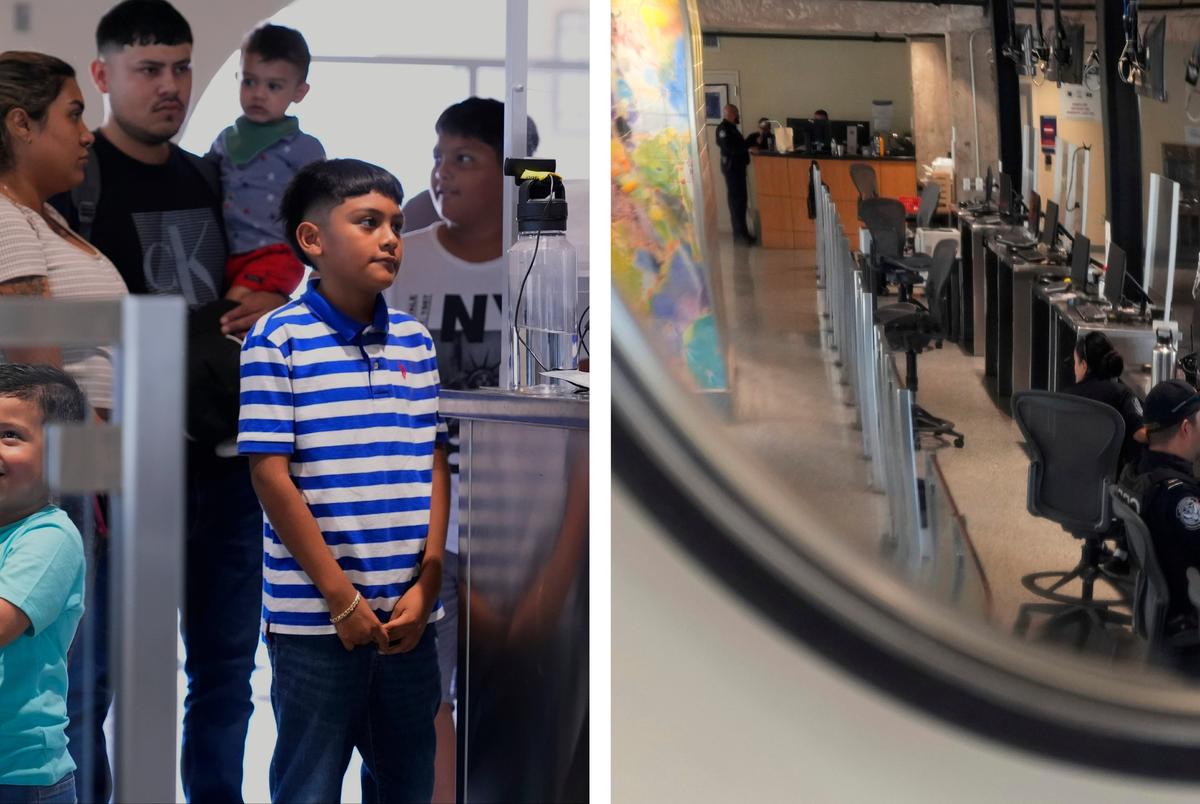 Left: Customs and Border Protection officers process visitors, students and commuters who crossed the pedestrian bridge in Laredo, Texas, on Friday, Aug. 9, 2024. Right: Customs and Border Protection officers process visitors, students and commuters who crossed the pedestrian bridge in Laredo, Texas, on Friday, Aug. 9, 2024.