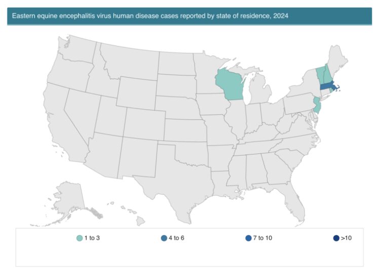 Eastern equine encephalitis virus human disease cases reported by state of residence, 2024.