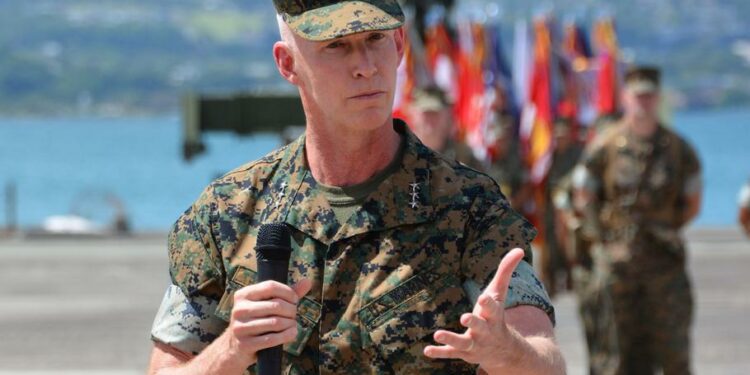 Lt. Gen. James Glynn speaks during a ceremony at Marine Corps Base Hawaii, Thursday, Sept. 12, 2024, during which he assumed command of Marine Corps Forces Pacific.