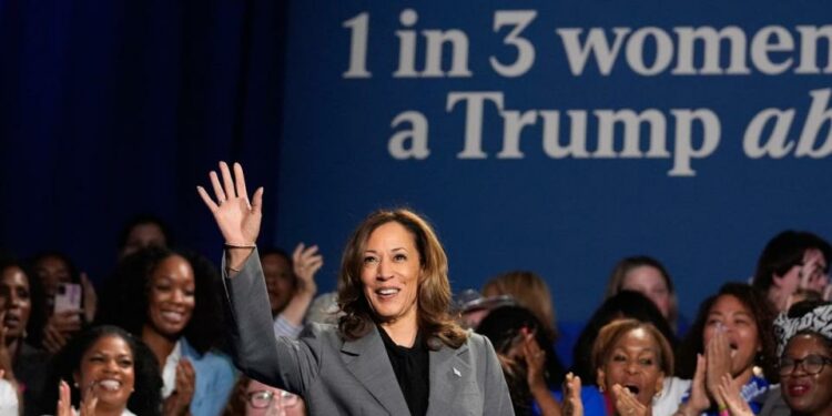 Democratic presidential nominee Vice President Kamala Harris waves to supporters at a campaign event on Friday, Sept. 20, 2024, in Atlanta. (AP)