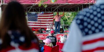 Mark Robinson, Republican candidate for North Carolina governor, speaks at his rally in Burnsville, September 14, 2024.