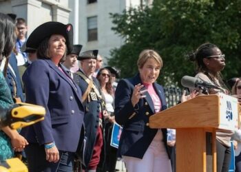 Gov. Maura Healey speaks at a press conference in front of the State House on Sept. 17, 2024 launching the MA250 marketing brand ahead of the Revolutionary War's 250th anniversary that starts next April (State House News Service).