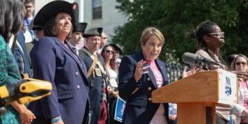 Gov. Maura Healey speaks at a press conference in front of the State House on Sept. 17, 2024 launching the MA250 marketing brand ahead of the Revolutionary War's 250th anniversary that starts next April (State House News Service).