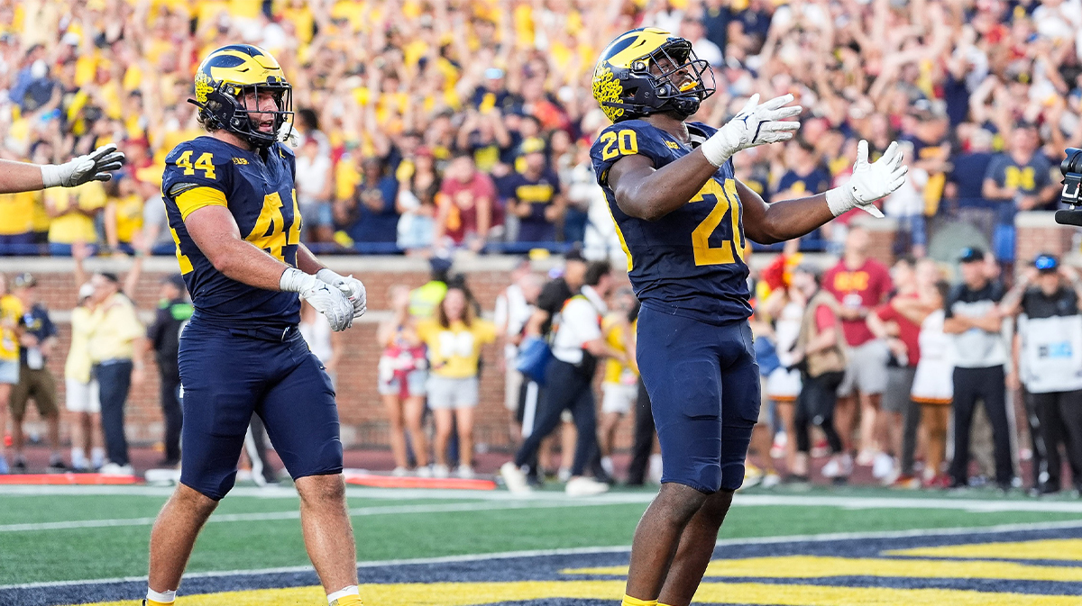 Michigan running back Kalel Mullings celebrates a go-ahead 1-yard touchdown against USC with 37 seconds left in the fourth quarter at Michigan Stadium in Ann Arbor on Saturday, Sept. 21, 2024. Michigan won, 27-24.