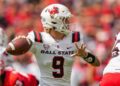 Sep 9, 2023; Athens, Georgia, USA; Ball State Cardinals quarterback Kadin Semonza (9) passes the ball against the Georgia Bulldogs during the first half at Sanford Stadium.