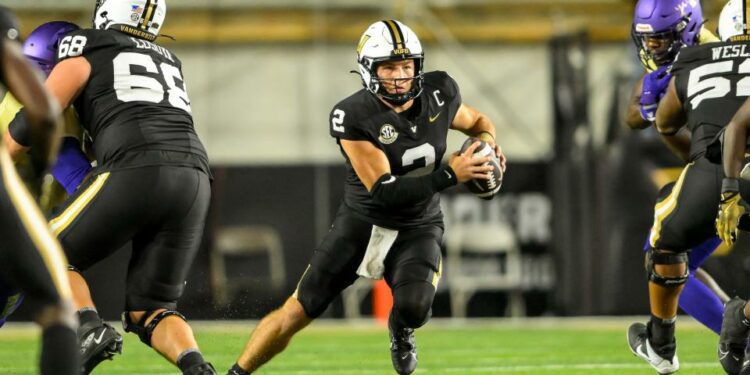 Sep 7, 2024; Nashville, Tennessee, USA; Vanderbilt Commodores quarterback Diego Pavia (2) runs the ball against the Alcorn State Braves during the second half at FirstBank Stadium. Mandatory Credit: Steve Roberts-Imagn Images