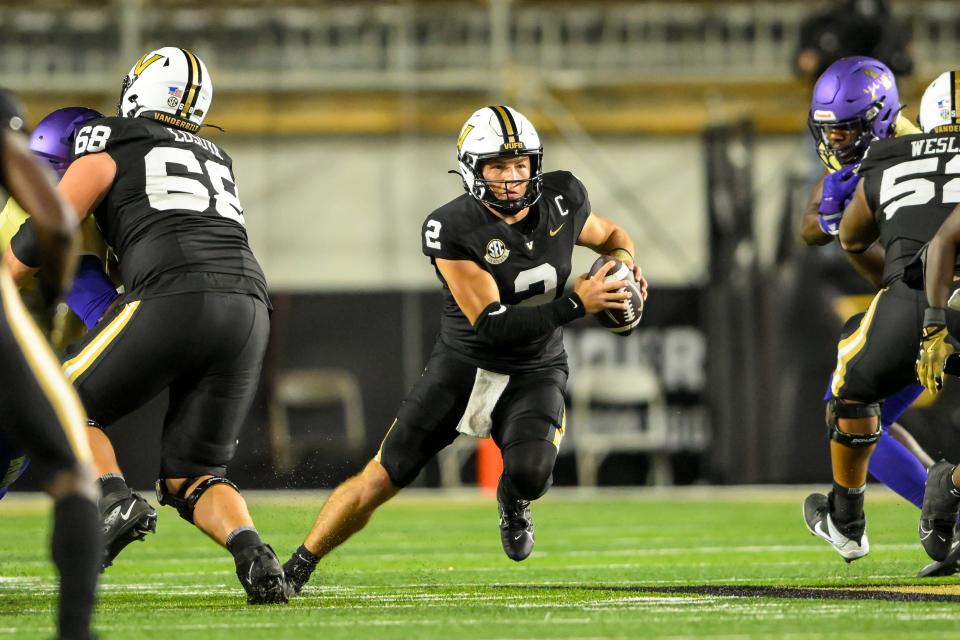 Sep 7, 2024; Nashville, Tennessee, USA; Vanderbilt Commodores quarterback Diego Pavia (2) runs the ball against the Alcorn State Braves during the second half at FirstBank Stadium. Mandatory Credit: Steve Roberts-Imagn Images