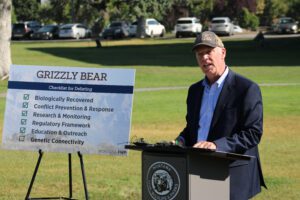 Gov. Greg Gianforte declares that Montana is ready for grizzly bears to be delisted in the Northern Continental Divide Ecosystem at a news conference on Aug. 5, 2024. (Photo by Blair Miller, Daily Montanan)