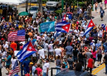 Cubans demonstrate in Miami's Little Havana neighborhood during a march in solidarity with the protests in Cuba in July 2021.