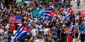 Cubans demonstrate in Miami's Little Havana neighborhood during a march in solidarity with the protests in Cuba in July 2021.