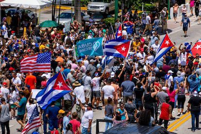 Cubans demonstrate in Miami's Little Havana neighborhood during a march in solidarity with the protests in Cuba in July 2021.