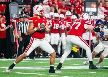 Sep 14, 2024; Lincoln, Nebraska, USA; Nebraska Cornhuskers quarterback Heinrich Haarberg (10) passes against the Northern Iowa Panthers during the fourth quarter at Memorial Stadium. Mandatory Credit: Dylan Widger-Imagn Images