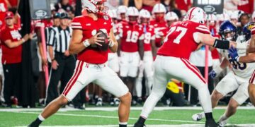 Sep 14, 2024; Lincoln, Nebraska, USA; Nebraska Cornhuskers quarterback Heinrich Haarberg (10) passes against the Northern Iowa Panthers during the fourth quarter at Memorial Stadium. Mandatory Credit: Dylan Widger-Imagn Images