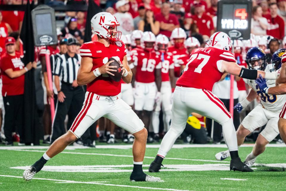 Sep 14, 2024; Lincoln, Nebraska, USA; Nebraska Cornhuskers quarterback Heinrich Haarberg (10) passes against the Northern Iowa Panthers during the fourth quarter at Memorial Stadium. Mandatory Credit: Dylan Widger-Imagn Images