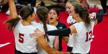 Oct 21, 2023; Lincoln, NE, USA; The Nebraska Cornhuskers celebrate after a point against the Wisconsin Badgers during the fifth set at the Bob Devaney Sports Center. Mandatory Credit: Dylan Widger-USA TODAY Sports