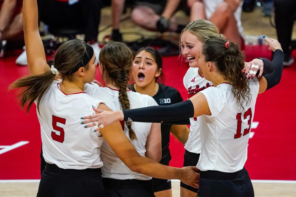 Oct 21, 2023; Lincoln, NE, USA; The Nebraska Cornhuskers celebrate after a point against the Wisconsin Badgers during the fifth set at the Bob Devaney Sports Center. Mandatory Credit: Dylan Widger-USA TODAY Sports