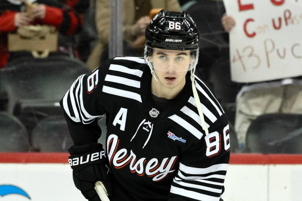 New Jersey Devils center Jack Hughes (86) warms up before a game against the Nashville Predators at Prudential Center.