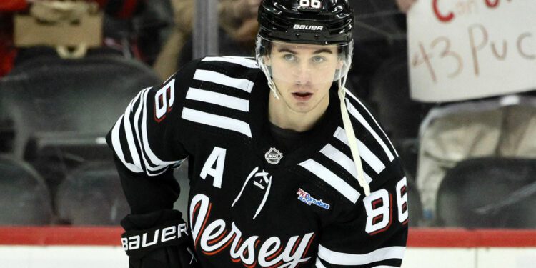 New Jersey Devils center Jack Hughes (86) warms up before a game against the Nashville Predators at Prudential Center.