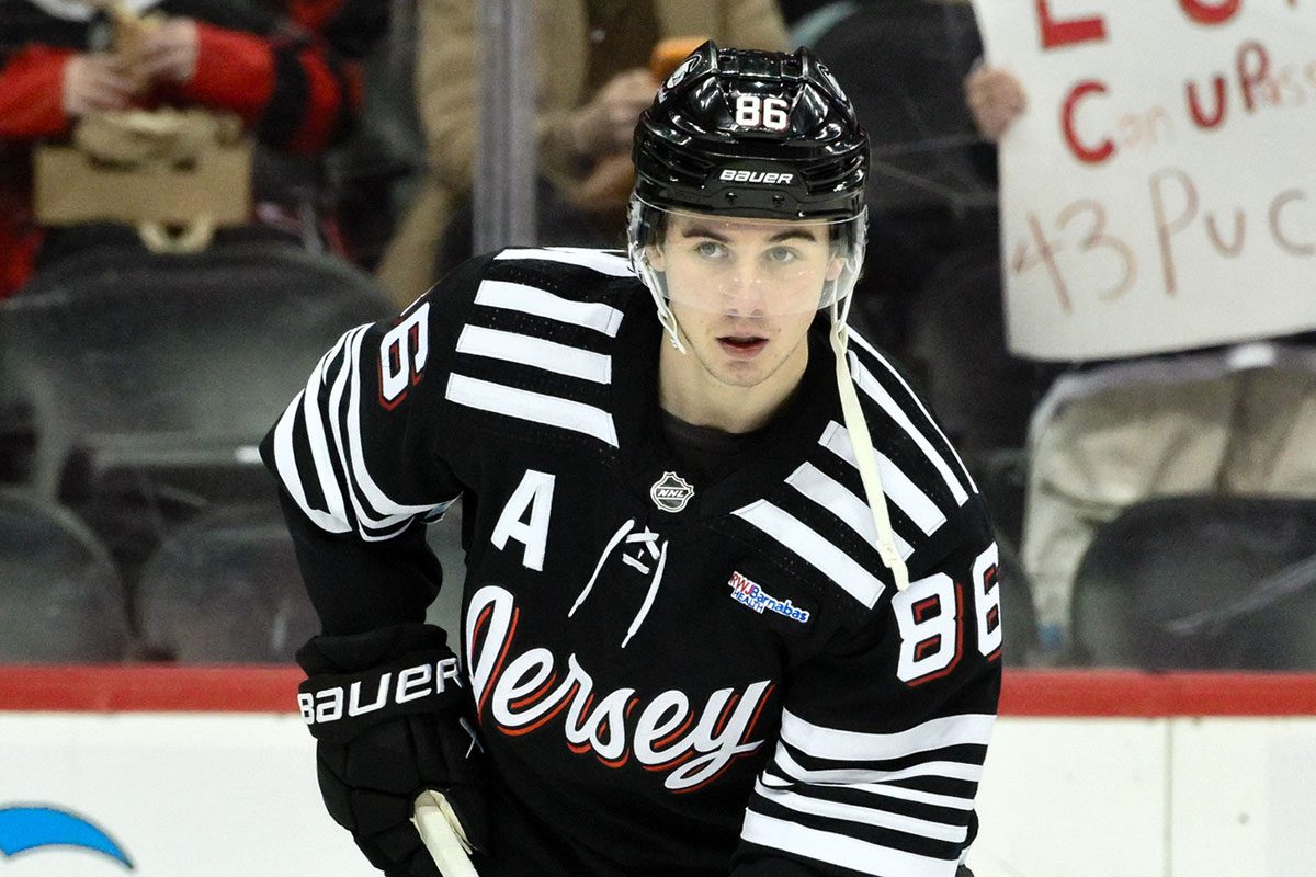 New Jersey Devils center Jack Hughes (86) warms up before a game against the Nashville Predators at Prudential Center. 