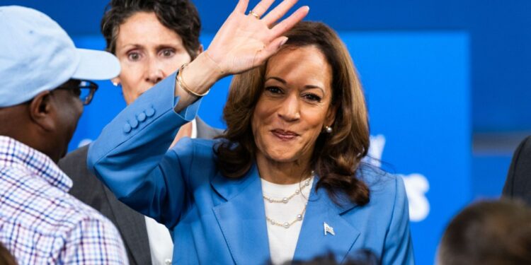 US Vice President Kamala Harris waving to supporters after delivering a speech on her economic policy at the Hendrick Center for Automotive Excellence, Raleigh, North Carolina, 16 August 2024