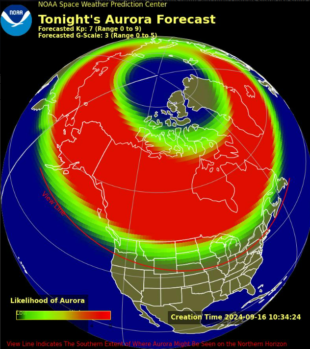 This map generated by the Space Weather Prediction Center shows how far south the northern lights might come tonight.