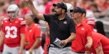 Ohio State Buckeyes head coach Ryan Day motions from the sideline during the NCAA football game at Ohio Stadium. Ohio State won 52-6.