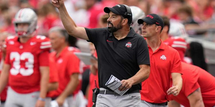 Ohio State Buckeyes head coach Ryan Day motions from the sideline during the NCAA football game at Ohio Stadium. Ohio State won 52-6.