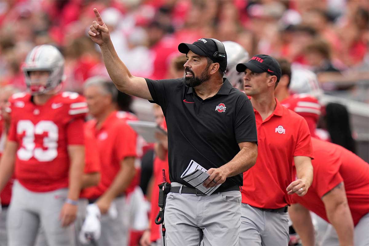 Ohio State Buckeyes head coach Ryan Day motions from the sideline during the NCAA football game at Ohio Stadium. Ohio State won 52-6.